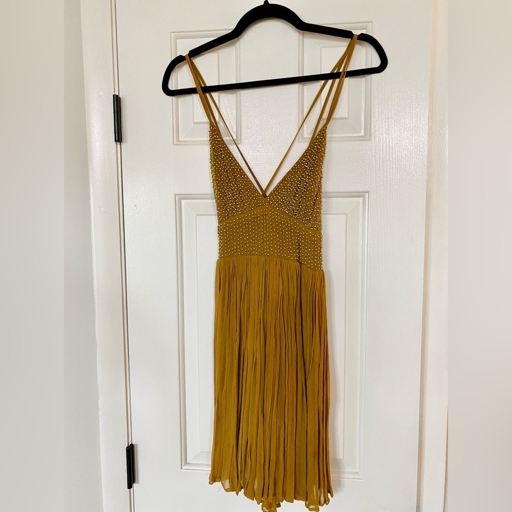 Free People Mustard Yellow Mini Dress V-neck with Rhinestones XS/0
